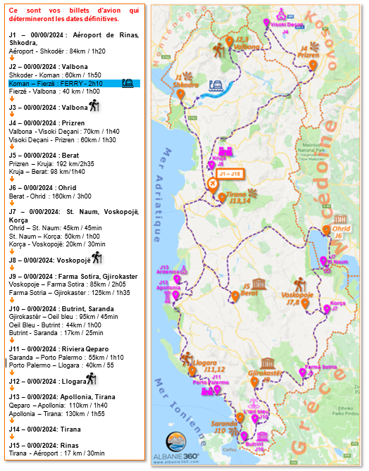 Carte Grand tour de l’Albanie  & Découverte du Kosovo et Macédoine du Nord - 15 jours / 14 nuitées